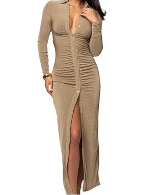 12th Tribe NEVER WORN Tan Ruched Long-Sleeve Button-Front Maxi Dress